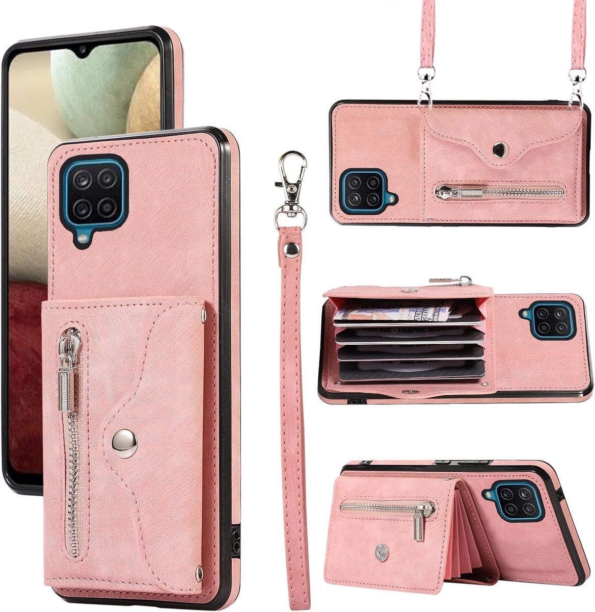 Hoes voor mobiele telefoon voor Samsung Galaxy A12/M12, hoes met band, kaartenvak, inklapbare portemonnee, standaard, hoes, lederen ketting, A 12 Nacho 4G 5G telefoonhoes, beschermhoes voor