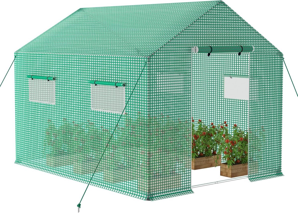 Tuinkassen voor tomaten, folietunnel met traliefolie en raam, wintervaste folietunnel, plantenkas, multifunctioneel, schuin dak, groen, 3x2x2m