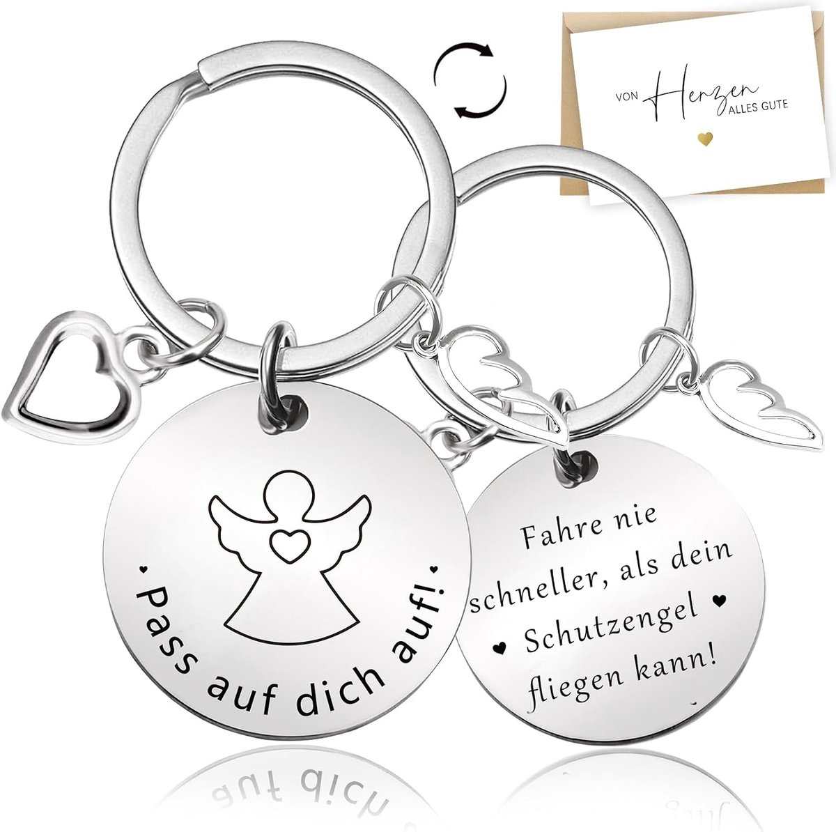 Sleutelhanger met beschermengel, gepersonaliseerd, geluksbrenger, auto, guardian, engelhanger met wenskaart en envelop, rijbewijs, cadeau voor mannen, vrouwen, beste vriendin, beige, Silber