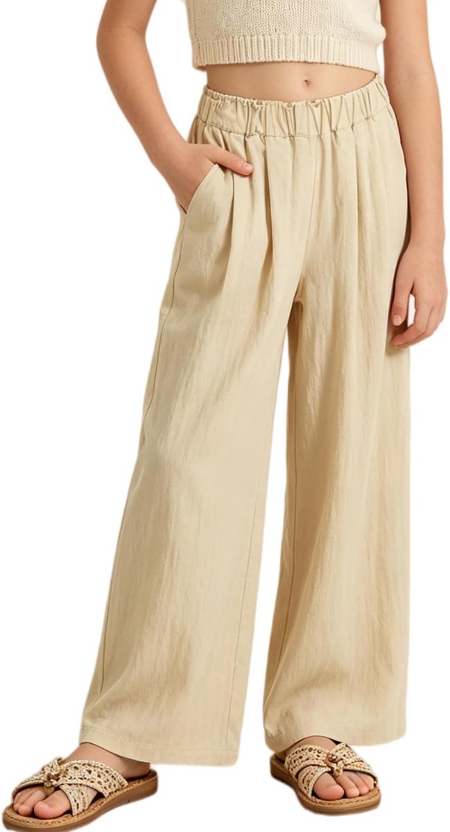 Meisjesbroek met wijde pijpen, vloeiende paperbag-stijl, elastische taille, zomer, palazzo broek met zakken voor losse pasvorm