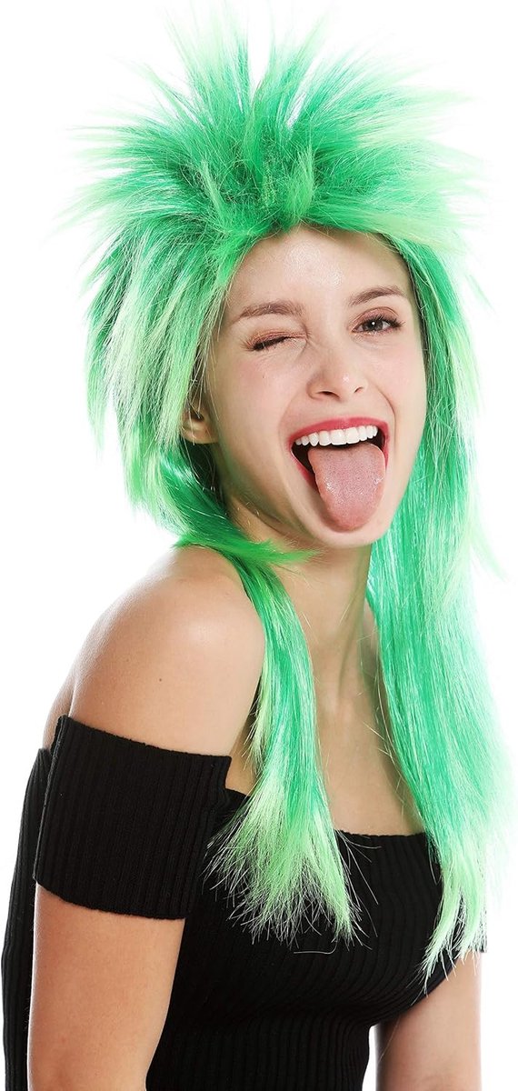 Pruik Carnival Punk Mullet Rocker Wilde Jaren 80 Golf Getoupeerd Lang Groen Mix