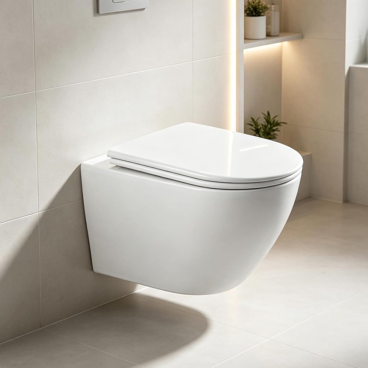 Toilet met toiletdeksel, hangend toilet van keramiek, moderne wc-set, toiletdeksel D-vorm (wit)