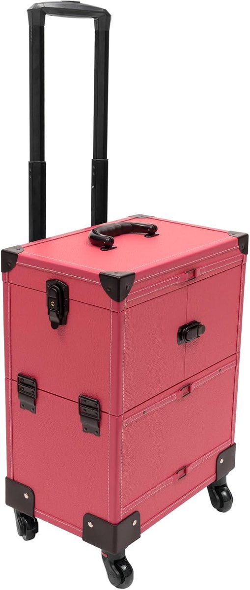 Cosmeticakoffer met zes uittrekbare vakken, nagelkoffer, trolley, make-upkoffer met wieltjes, cosmetica-organizer met handvat, geschikt voor professionele visagisten, kappers en nageltechnici (roze)