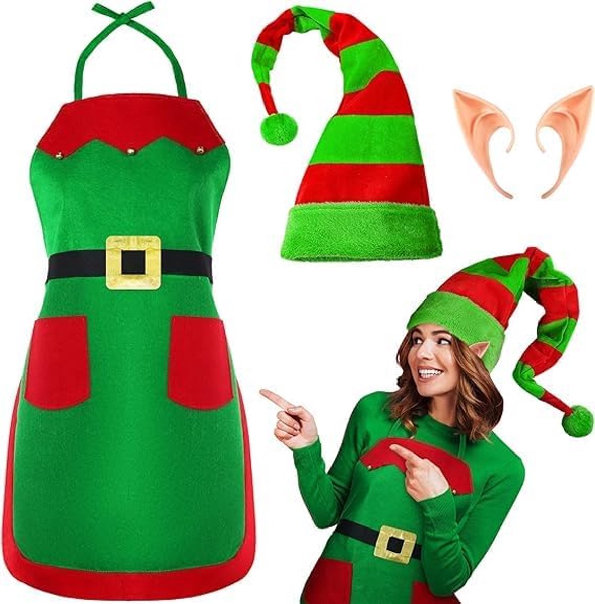 Elfenkostuum, elfenkostuum, Kerstmis, elfenkostuum, kinderen, elfkostuum, meisjes, schort + muts + oren, geschikt voor Kerstmis en carnaval