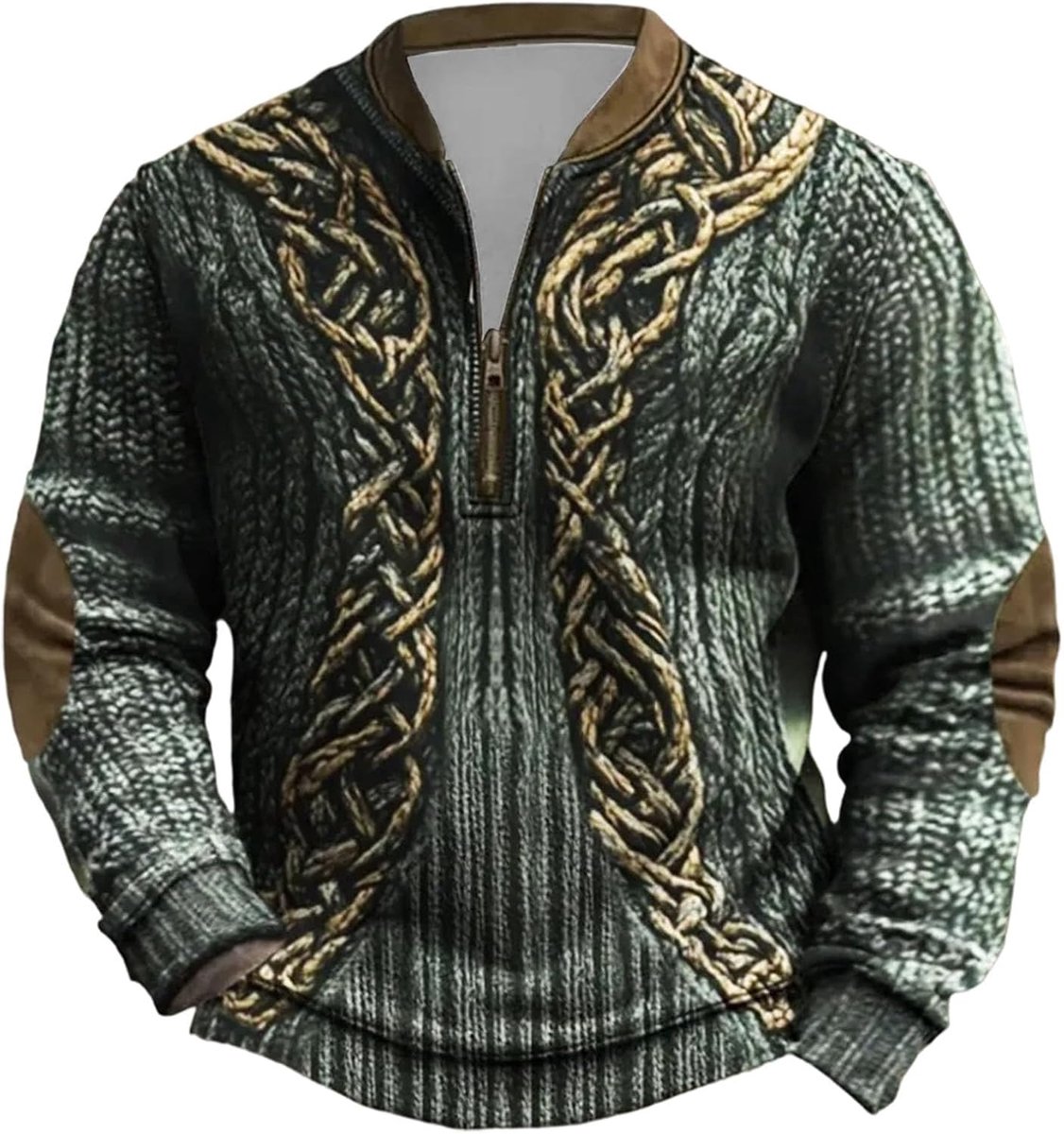 Mid-zware trui met ronde hals en kwart rits, fleece gevoerd, versierd met een Scandinavisch mythologiepatroon. Warme en zachte binnenlaag, casual winterkleding.