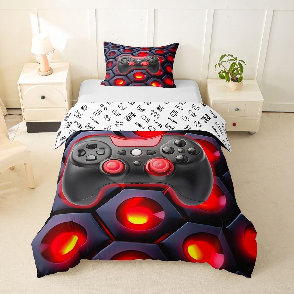 Gamepad kinderdekbed, M-formaat, abstract hexagon spel, thema rood neonlicht, trooster afdekking voor jongens en meisjes, geometrisch honingraat, patchwork, beddengoedset (1 kussenhouder)