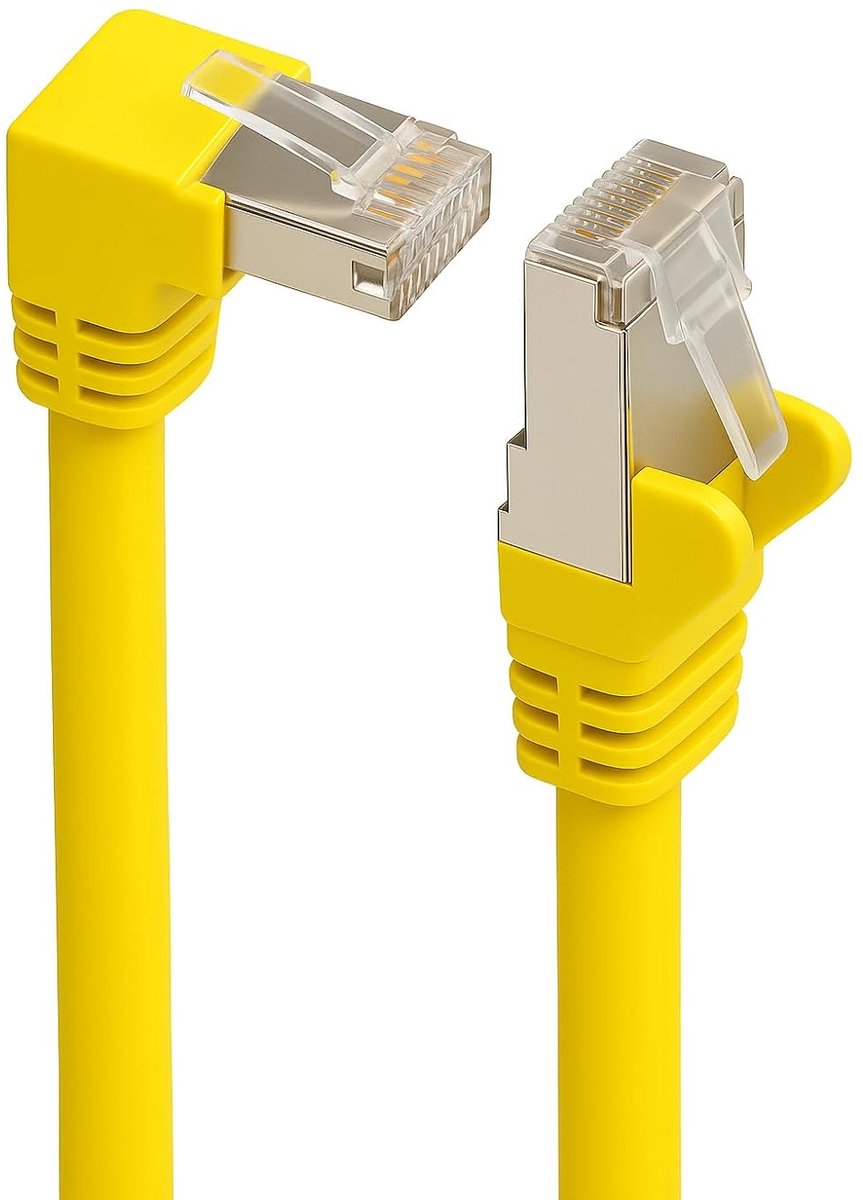 Cat 6 LAN hoekkabel 90° – 20,0 meter – geel – S/FTP PIMF Ethernet kabel – RJ45 hoekstekker – Gigabit patchkabel voor router, switch & smart TV