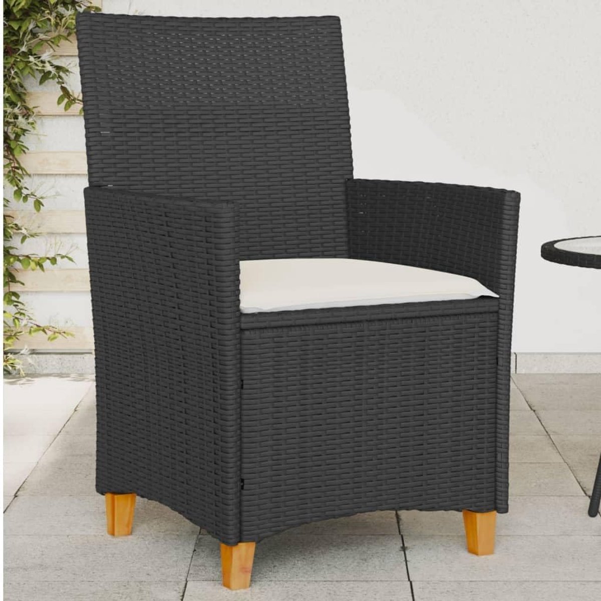 Tuinstoelen met kussens, 2 stuks, voor tuin, terras, balkon, tuin, eetstoelen, tuinmeubelen, campingstoel voor tuin, terras, eetkamer, zwart, polyrotan massief hout