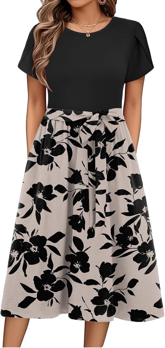 Sommerkleid Damen Knielang Elegant Blumen Kleid Damen Sommer Midi Kleider mit Ärmel A Linie Midikleid Frauen Tailliert Damenkleider Festlich Sommerkleider mit Gürtel Strandkleid