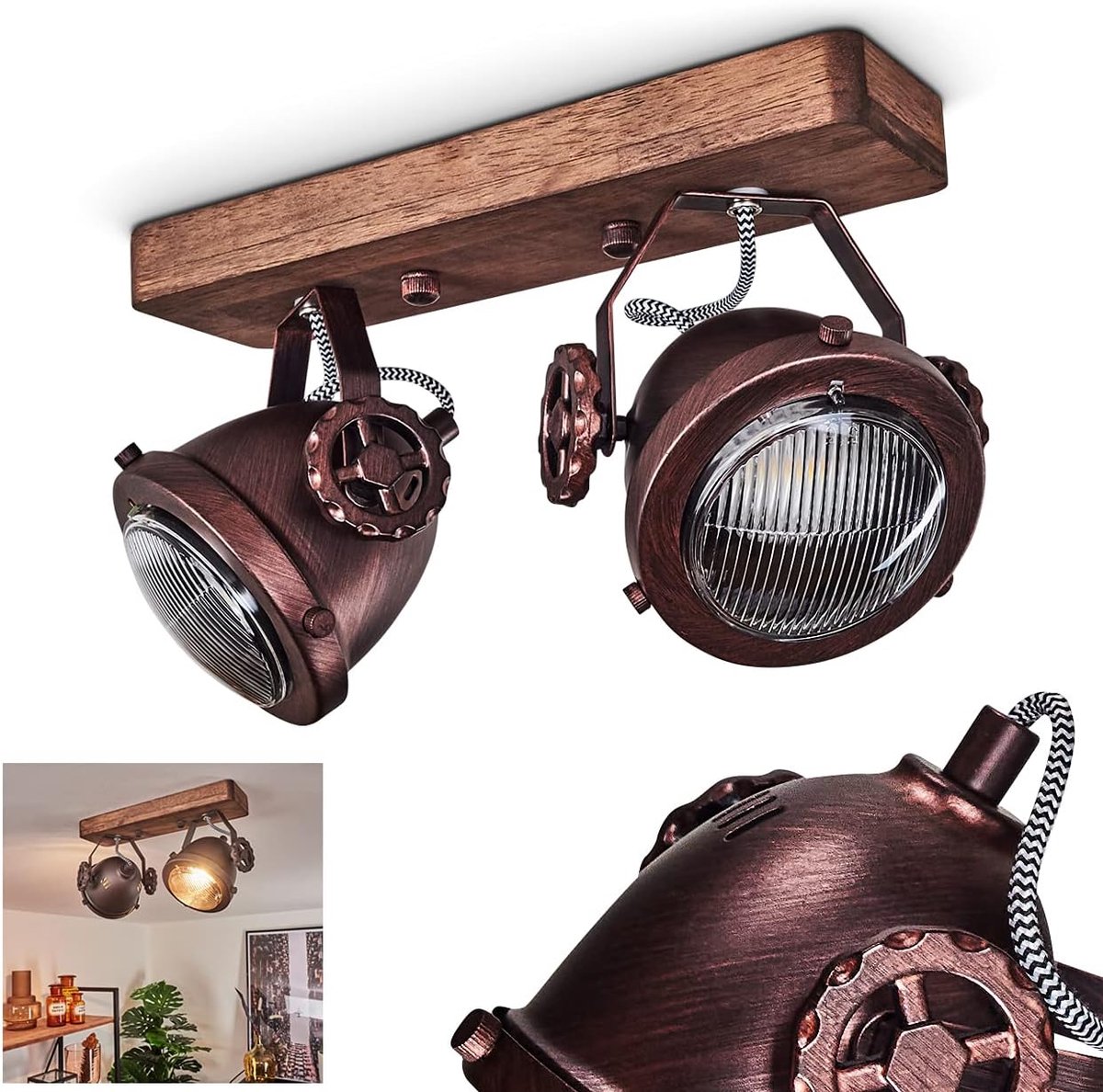 Plafondlamp Herford, 2-lamps kamerlamp in metaal en hout in bruin en roest met glazen kap, spot is draai- en kantelbaar, 2 x GU10, zonder gloeilampen