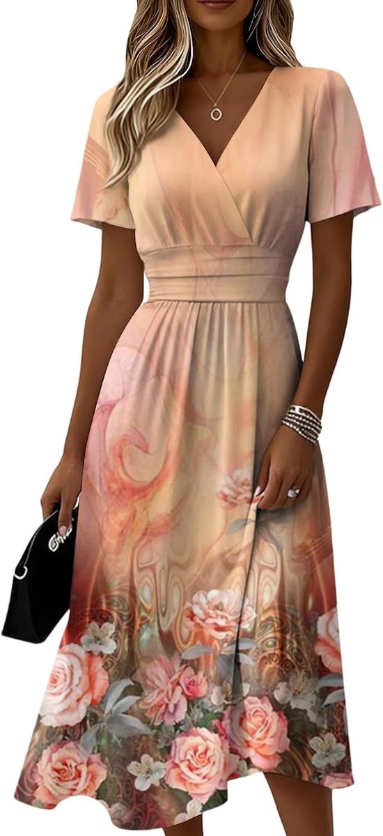 Kleider Damen Sommer Lang Tailliert Sommerkleid Damen Elegant Midi Kleid A Linie Festlich Curvy Sommerkleider Leicht Und Luftig Midikleid Frauen V Ausschnitt Kurzarm Strandkleid