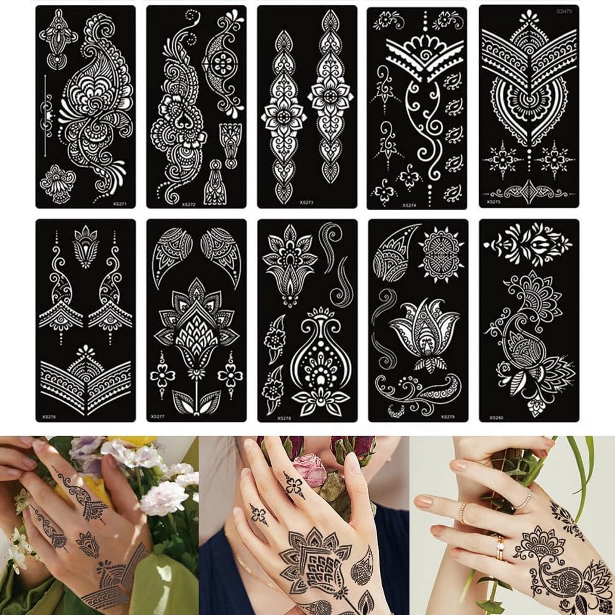 10 vellen tattoosjablonenset voor vrouwen, body art tatoeages, sjablonen, stickers, bloemen, kant patroon, ontwerpen, tattoosjablonen voor hand en voet