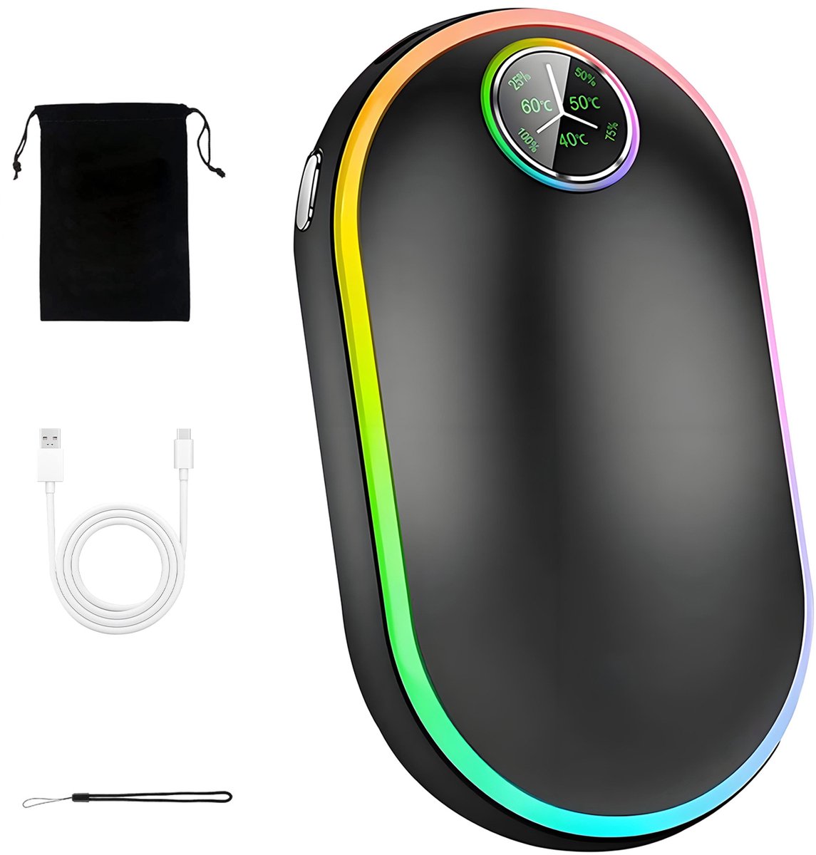 Handwarmer - 2-in-1 elektrische handwarmer en powerbank – Handwarmer voor in de zak - Temperatuurweergave - 10.000 mAh - Kleurrijk - Zwart