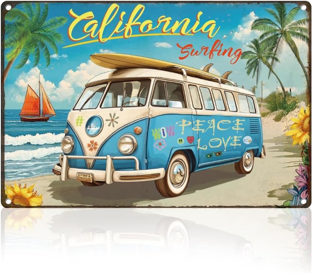 bord met motief "Summer California Surfing Bus" Retro Wanddecoratie Strandvakantie Vintage Muurkunst Poster Zee Thuis Koffie Kamer Clubs Badkamer Decoratie