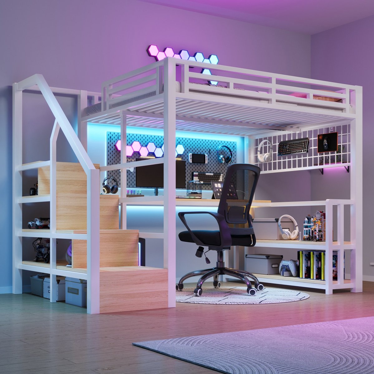 WUVRIE Hoogslaper 140 x 200 cm met bureau, opbergruimte, LED, USB en Type-C, wit