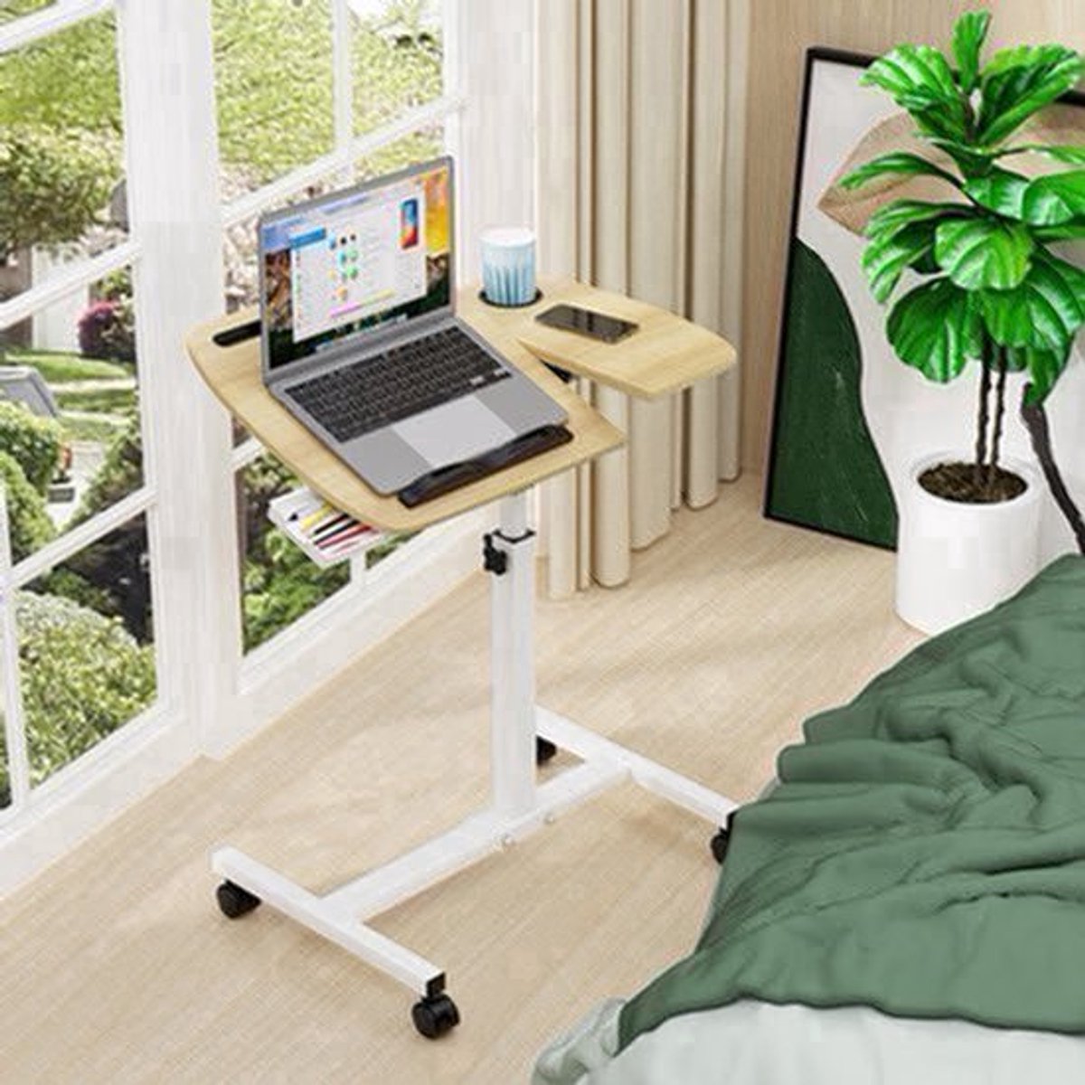 Laptoptafel – Bedtafel – Schoottafel – Mobiel Bureau – Laptopstandaard – Verstelbare Hoogte 59-89 cm – Compact 60x40 cm Met Lade En Bekerhouder