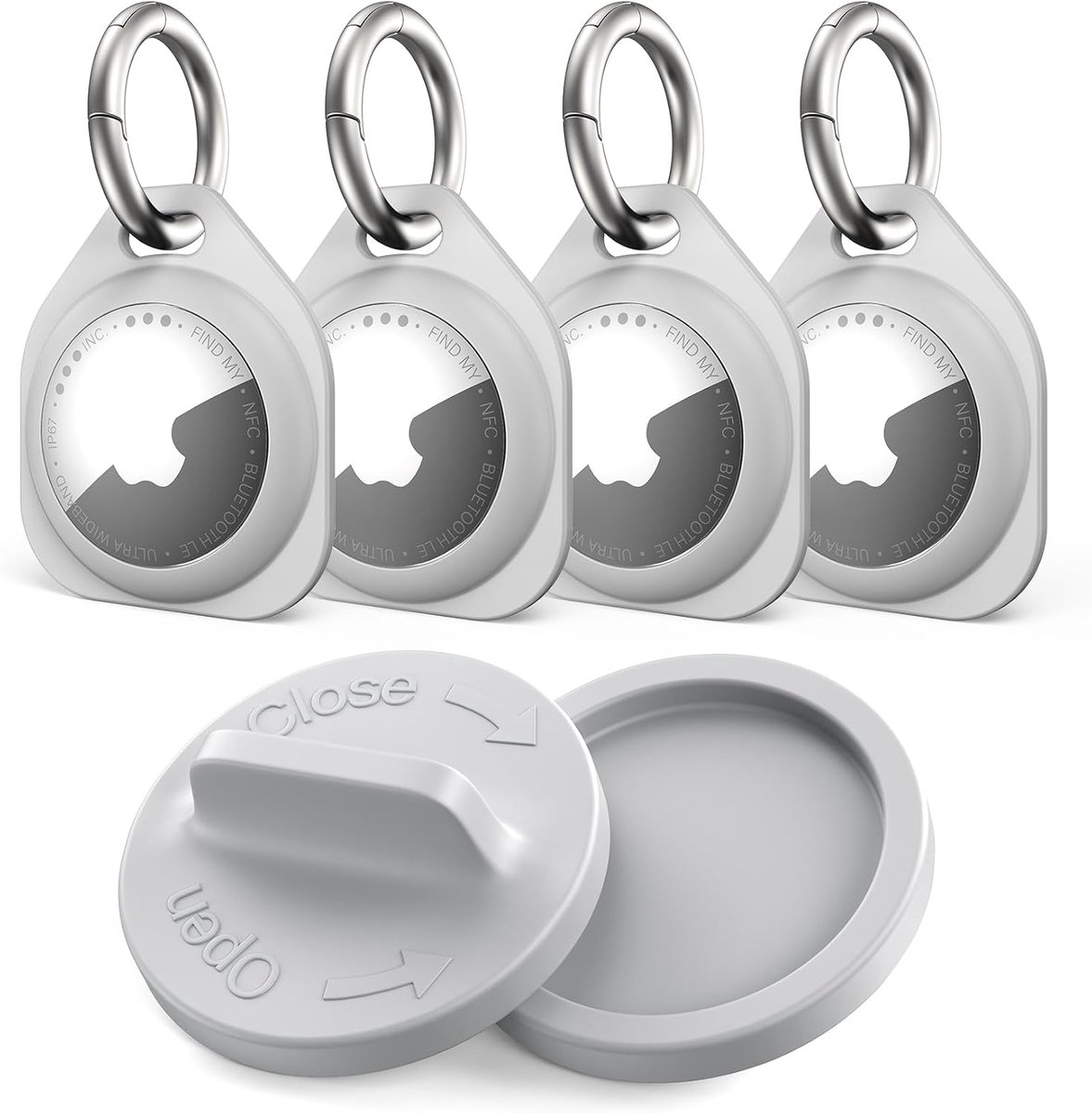 4-pack siliconen sleutelhanger hoesje voor AirTag met batterijklepopener, schokbestendige beschermende Air Tag houder cover met anti-verloren sleutelhanger voor autosleutels, hondenhalsband, rugzak