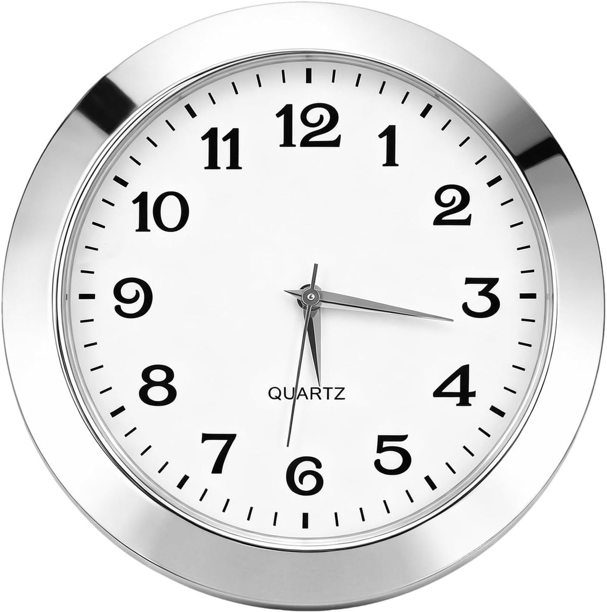 Klok-inzet 55 mm, zilveren rand, metalen kast, witte wijzerplaat