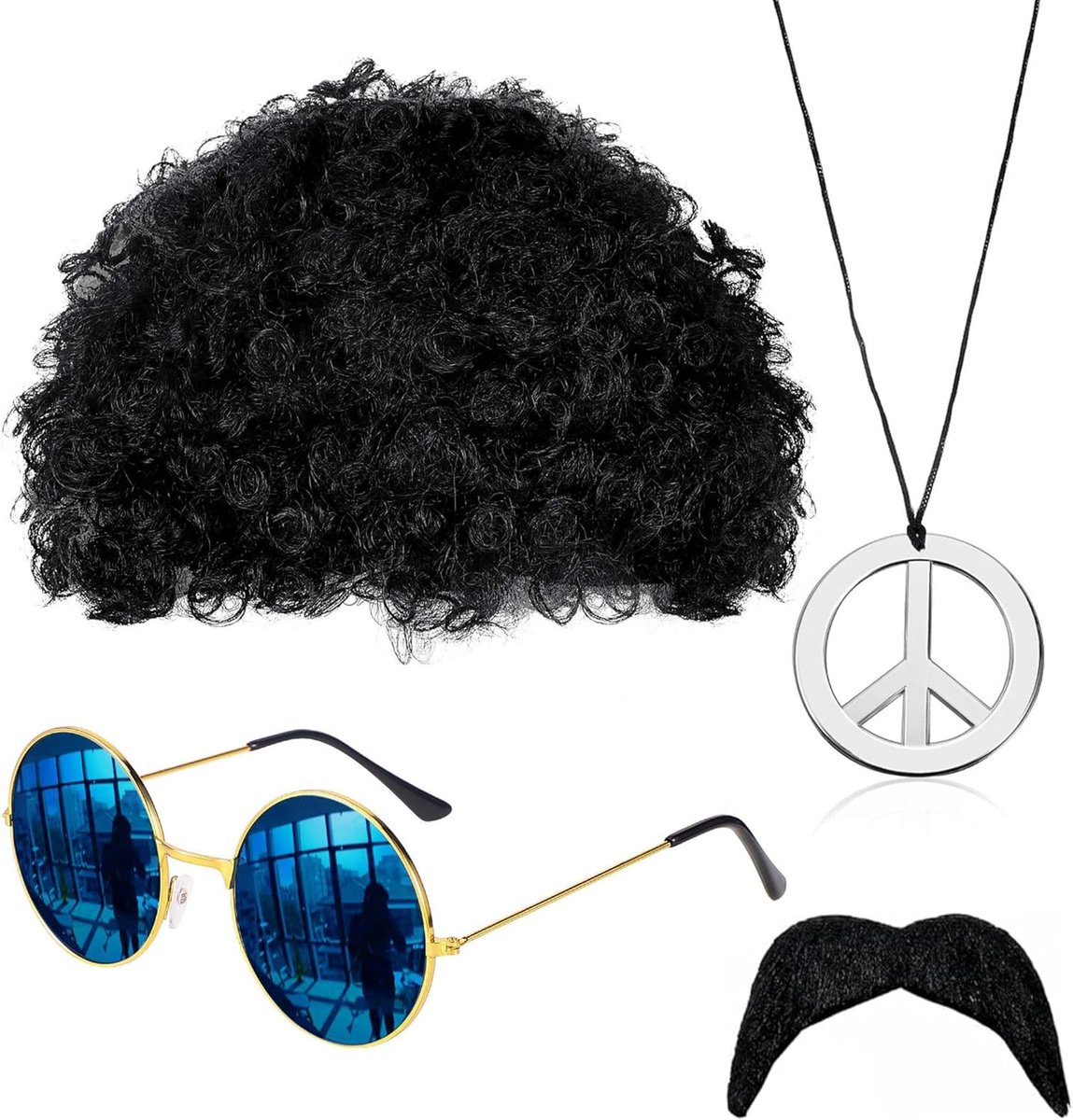 funky afropruik, retro bril, snor en vredesteken, ketting voor jaren '70-themafeest, afro discopruik voor heren en dames, verkleedaccessoires in hippiestijl (4 stuks)