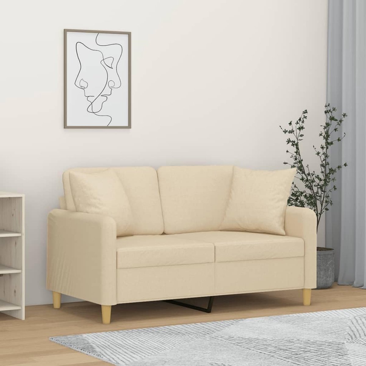 Sofa 2-zits met sierkussen in crème, 120 cm breed, duurzame stoffen bekleding en robuust metalen frame voor stabiliteit