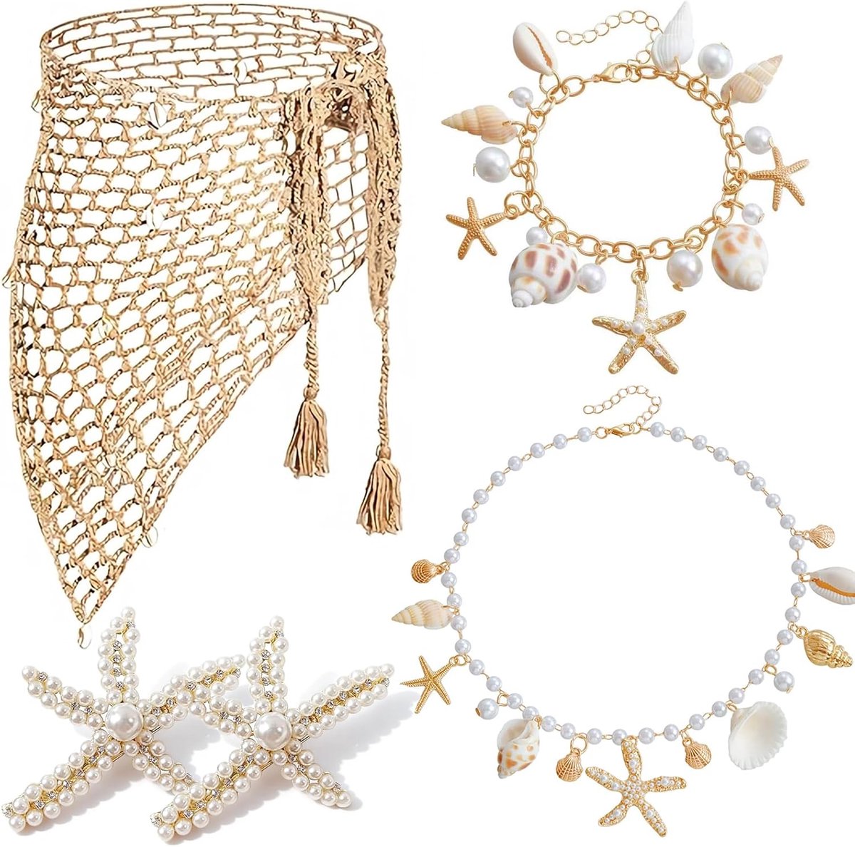 Zeemeerminkostuum voor vrouwen, sirene-kostuum, zeemeermin-accessoireset met zeemeermin, sarong, haakrok, bedekking, zeester, haarspelden, schelpsieraad voor Halloween, cosplay, carnaval, kaki, 5