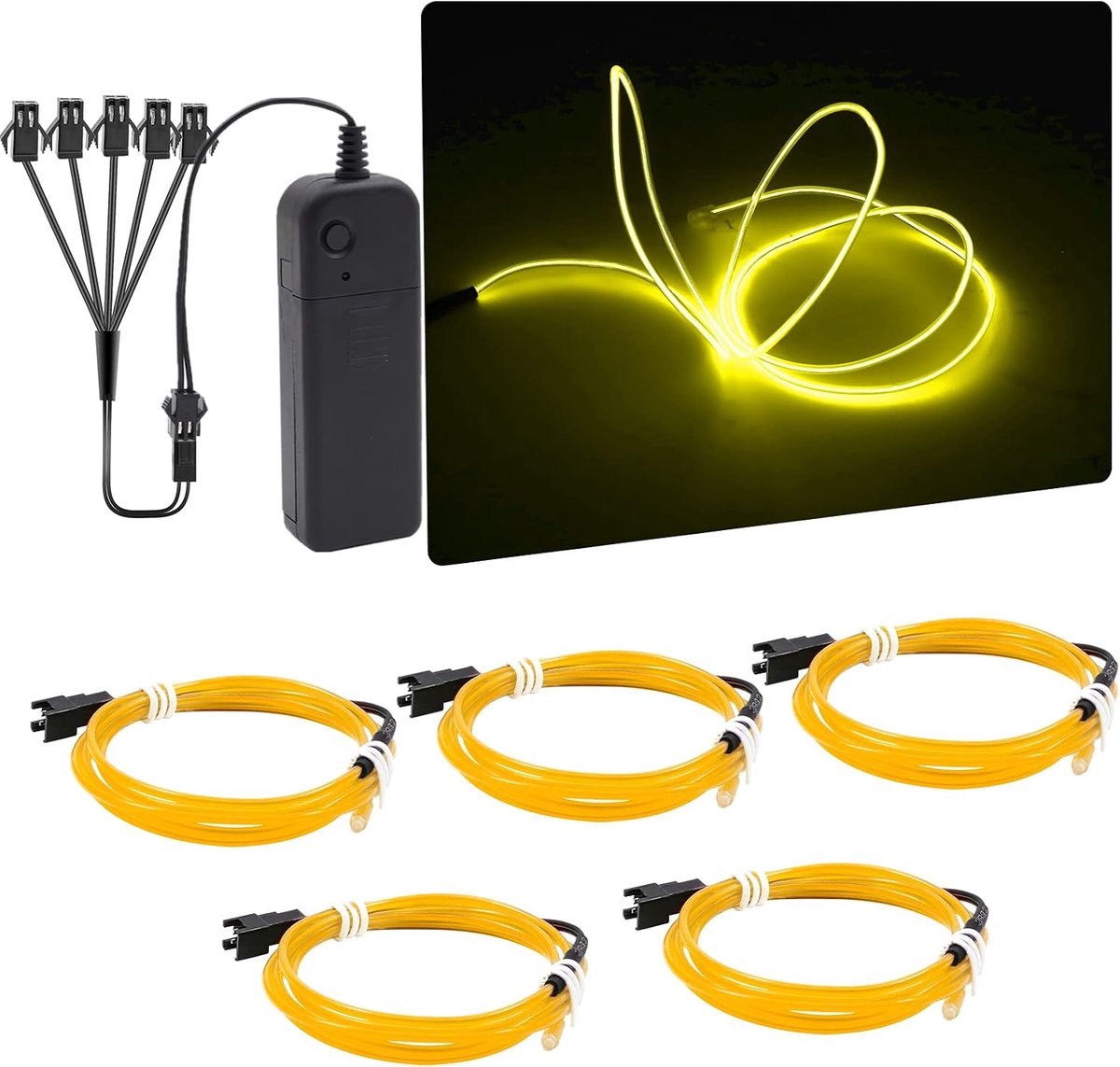 5 in 1 EL draad met 3v batterijdoos, 1M neon touw licht strobing elektroluminescerende draad voor feest auto Halloween Xmas DIY decoratie, geel (geen batterij)