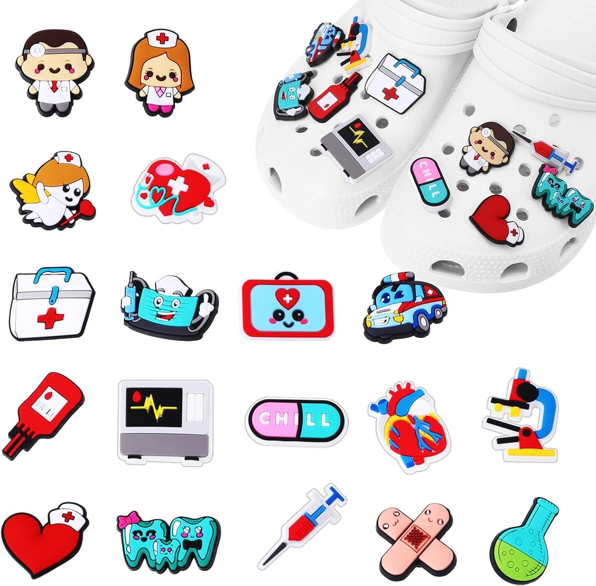 Bedels, cartoon medische thema schoenaccessoires bedels omvatten artsen verpleegkundigen ambulances, PVC schoendecoratie past klompsandalen, feestgeschenken voor meisjes, jongens