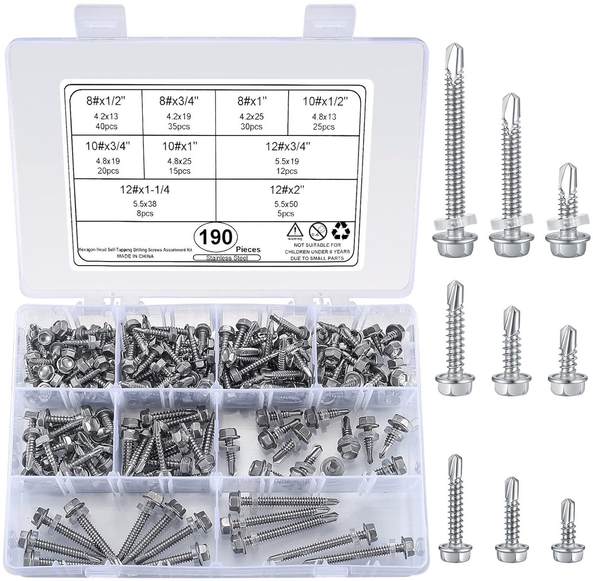 wugongshan 190 stuks Zelftappende schroeven, boorschroeven met sluitring, assortiment kit, zelfborende schroeven met zeskantige sluitringkop, carrosserie, plaatschroeven