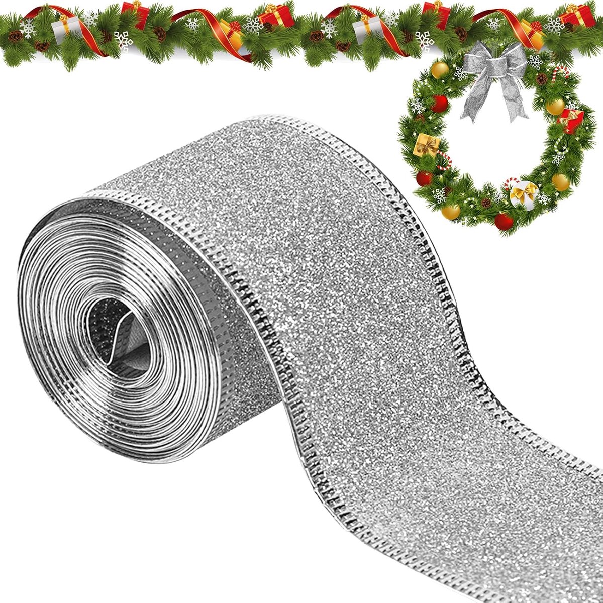 Kerstmis, 10M Kerstbanden, Stropdaslint Satijnlint, Kerstband, Kerstboomlint voor Decoratie Bruiloft Feest Cadeau Verpakking (Zilver)