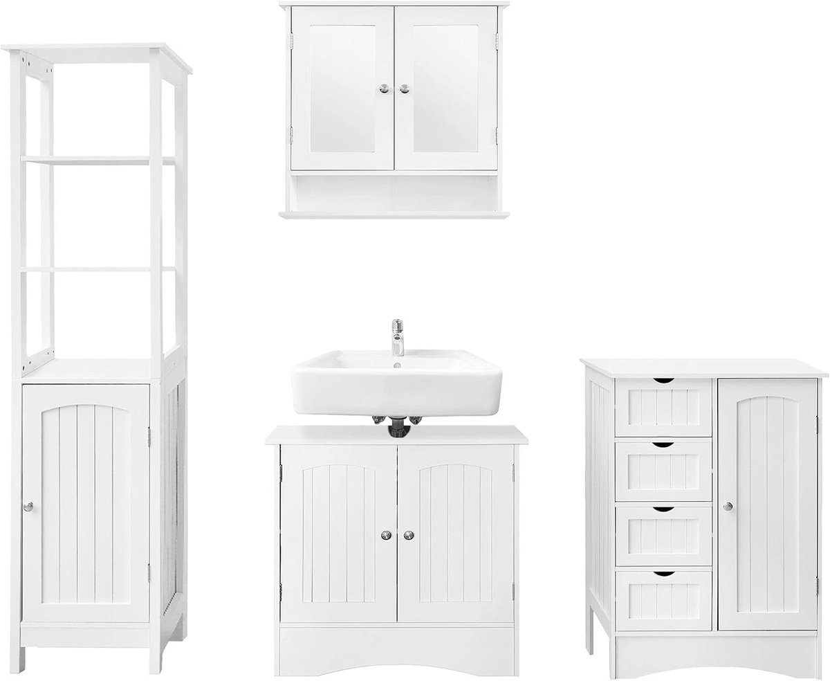 4 delige badkamermeubelset is een complete set met spiegelkast wastafel met onderkast hoge kast en wandkast Deze badkamerkasten in landelijke stijl van wit hout bieden ruime opbergruimte