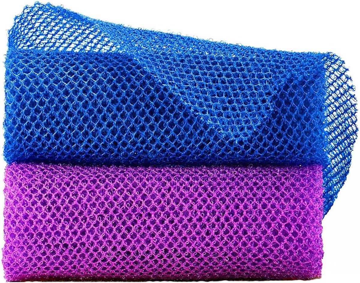 2 stuks Afrikaans net, lichaamscrub, spons, badpeeling, douche, lichaamswasser, rugwasser, huid, gladder voor dagelijks gebruik (blauw, paars)