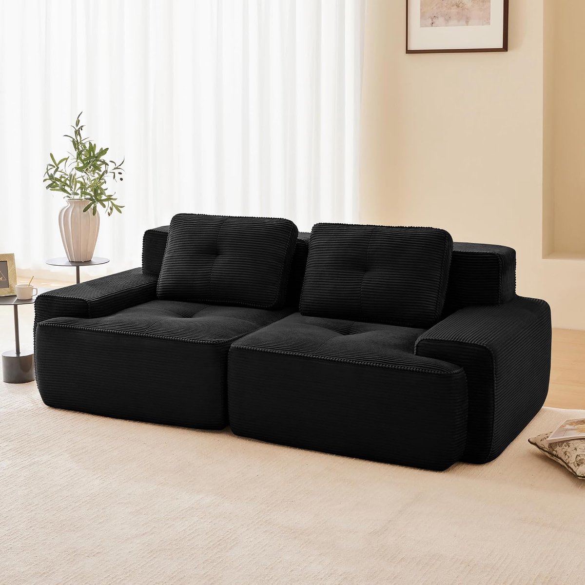 Moderne modulaire bank voor de woonkamer, zitdiepte 74 cm, fluweel, gestoffeerd, wolk, combineerbaar, voor woonkamer, zwart, 2S