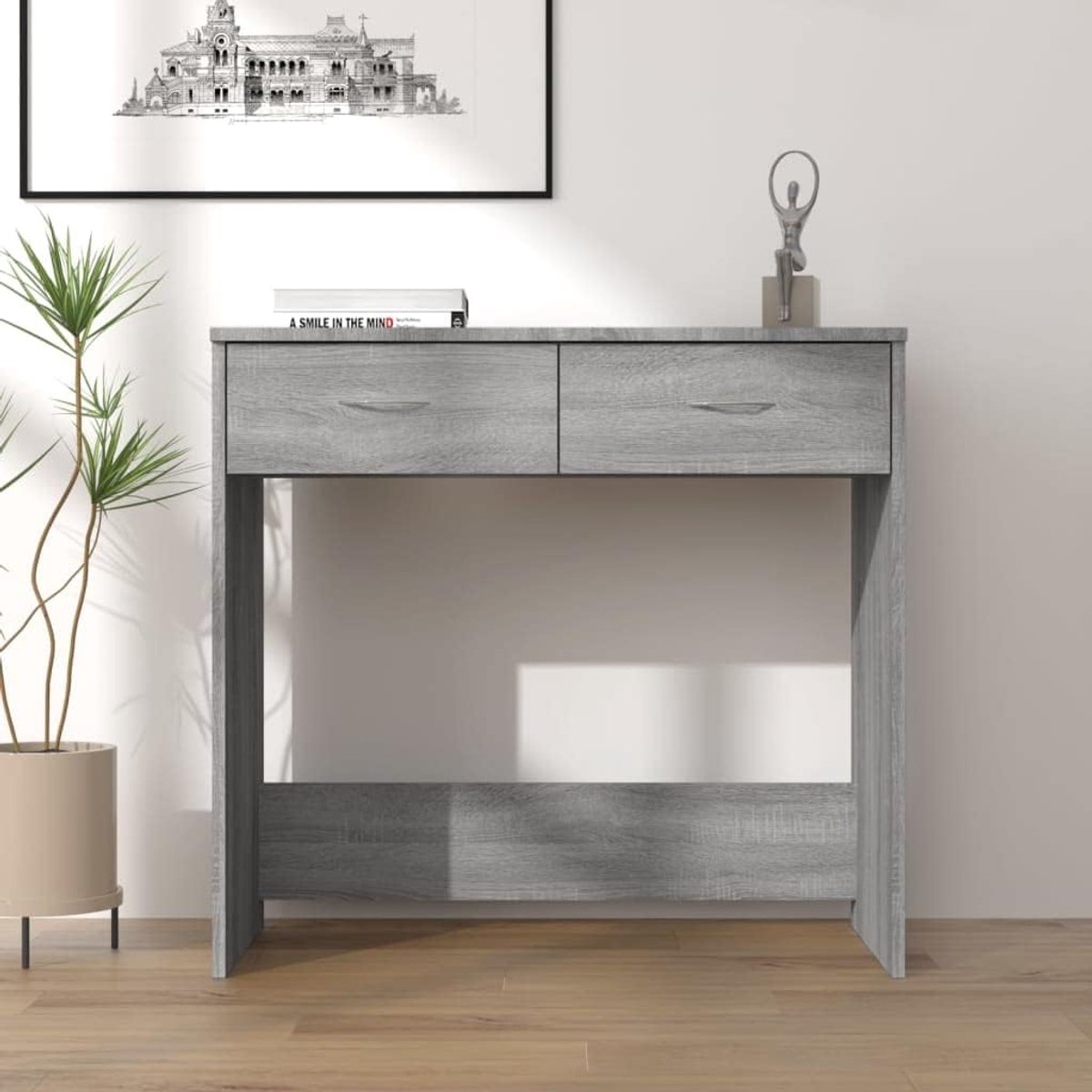 Bureau grijs sonoma 80 x 40 x 75 cm houtmateriaal met laden, ruimtebesparend voor kantoor, werkkamer of hoek, inclusief wandhouder voor beveiliging