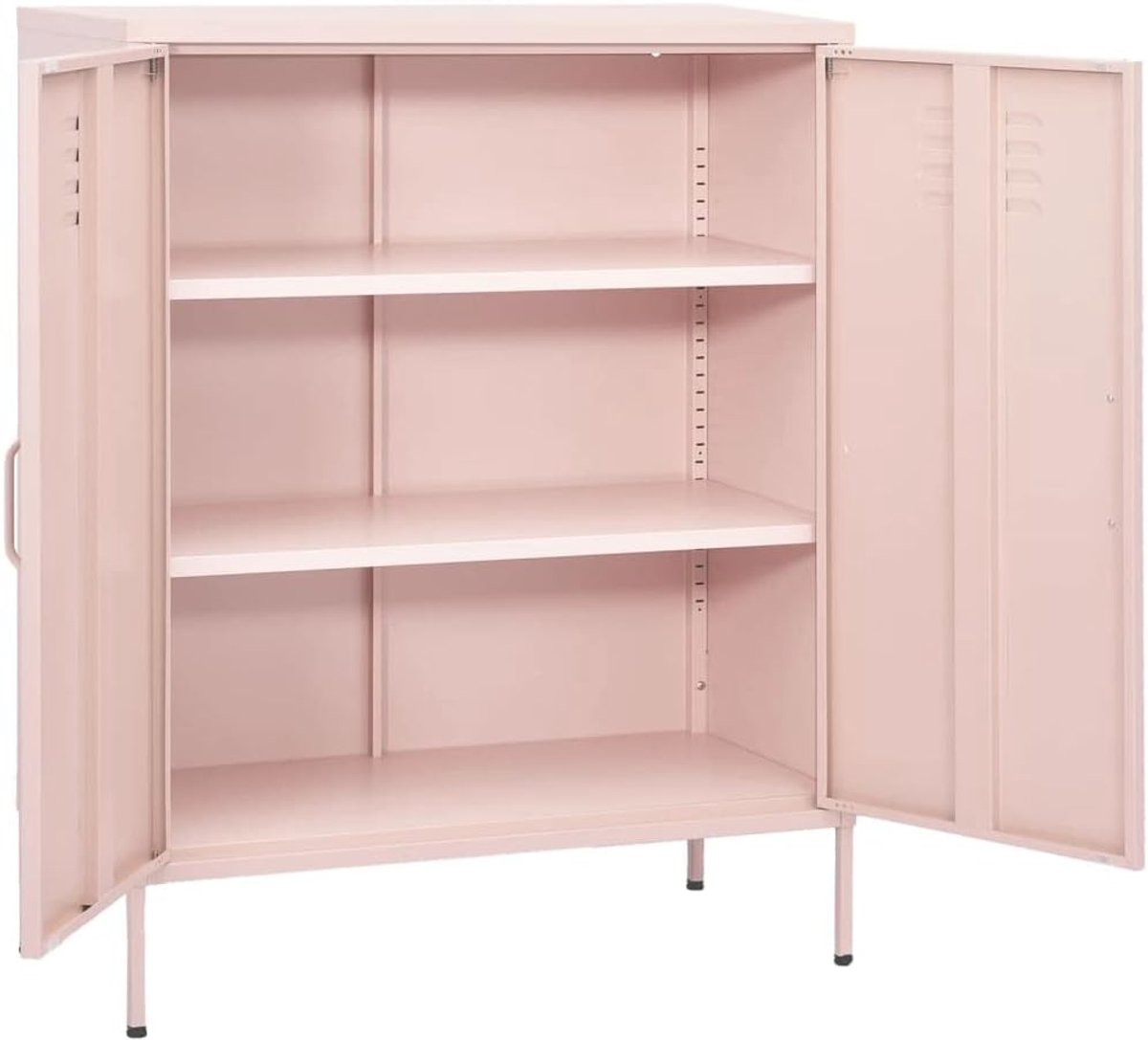 Bijzetkast, roze, 80 x 35 x 101,5 cm, dressoir met 2 deuren en legplanken, in hoogte verstelbare poten, robuust design voor boeken en tijdschriften