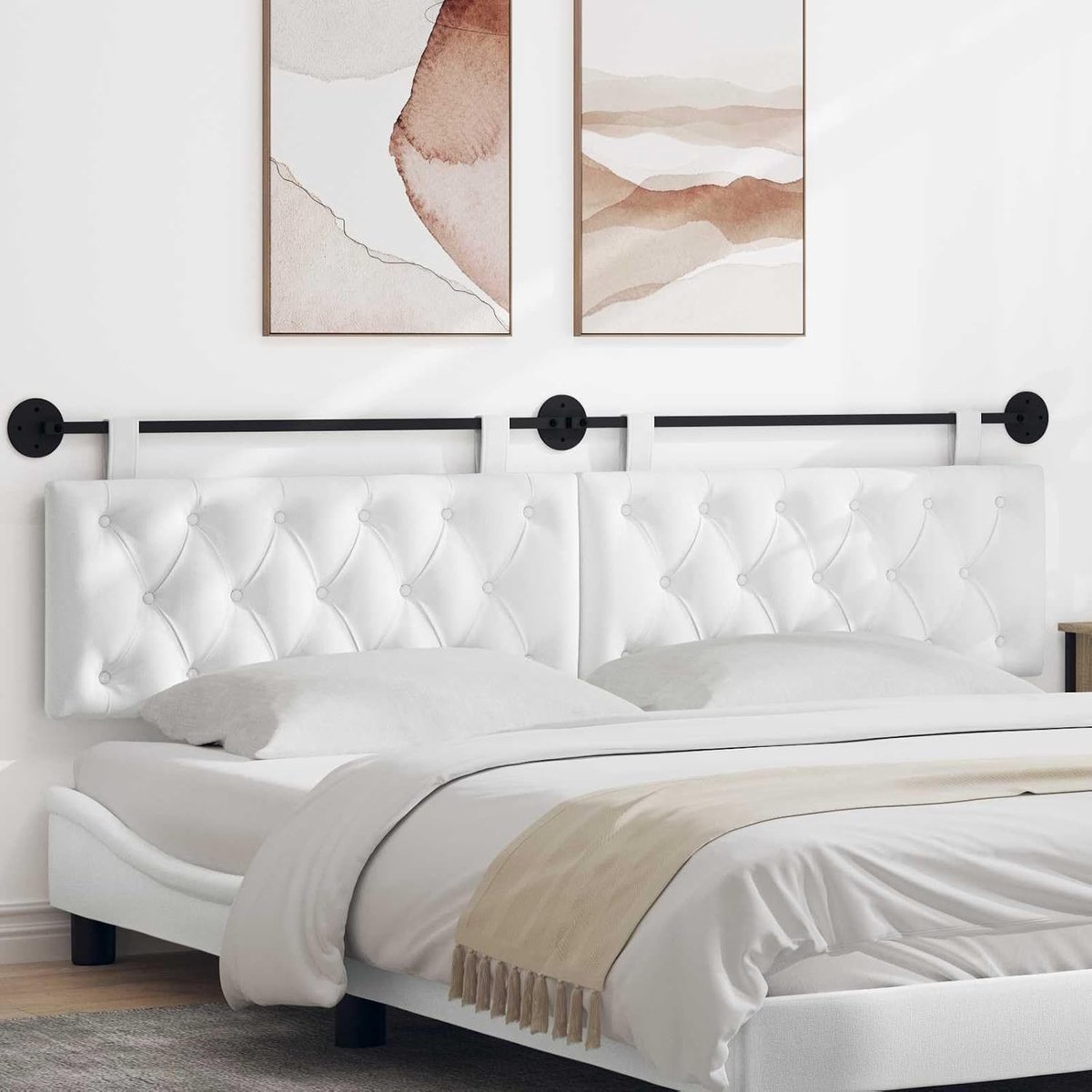 Hoofdbord, hangend, wit, met knoopkussen, flexibele hoofdsteun en rugleuning voor slaapkamer, eetkamer of hal, zachte schuimvulling met stevig houten frame, wit