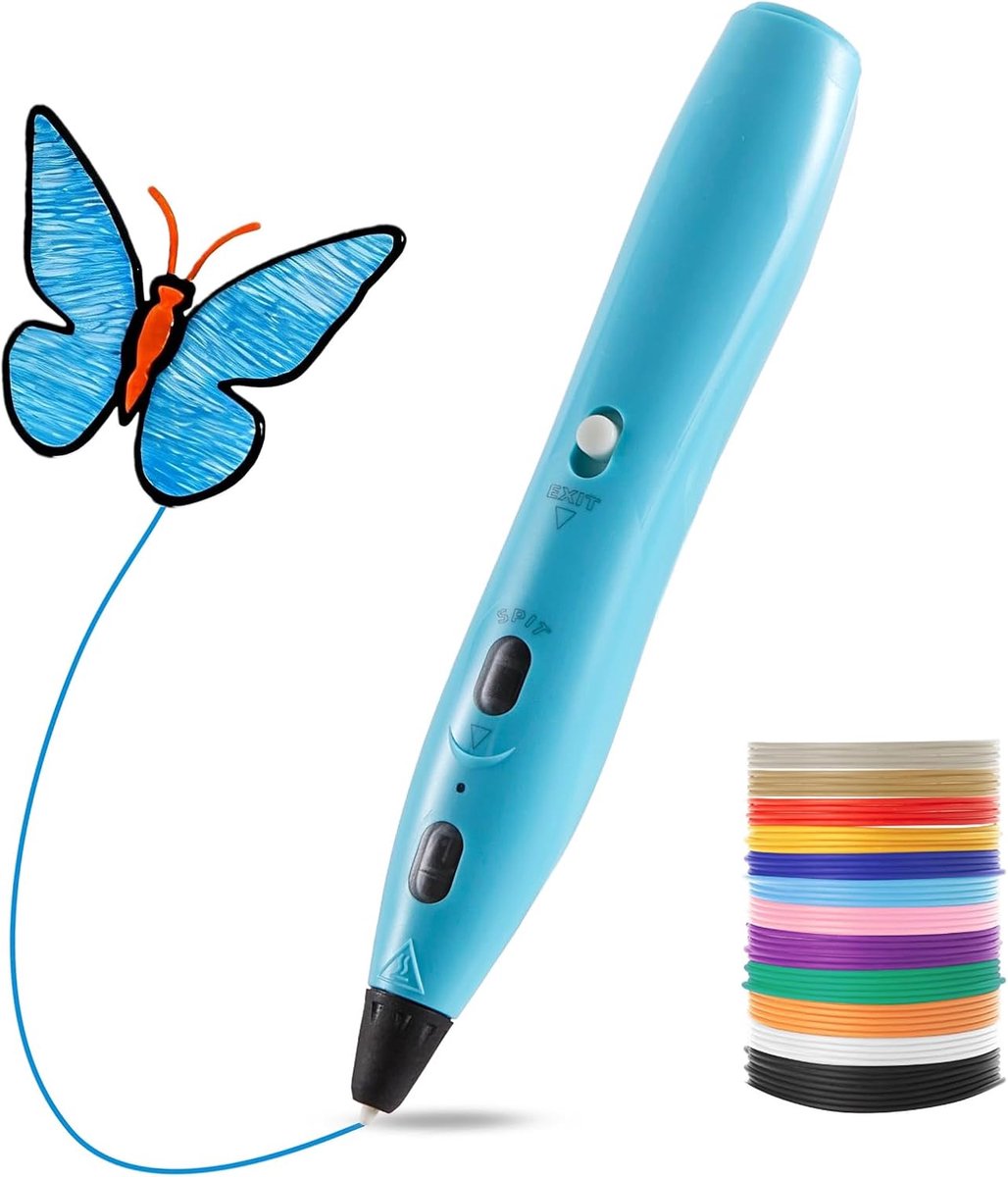 3D-penset, inclusief 12 kleuren PLA-kunststof filament, compatibel met PLA-filament, geschikt voor doe-het-zelf knutselwerk (blauw)