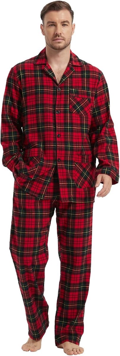 Pyjamaset voor heren van 100% katoenen flanel, geverfd garen, comfortabel, broek met zakken, tailleband met trekkoord, winterpyjama voor heren