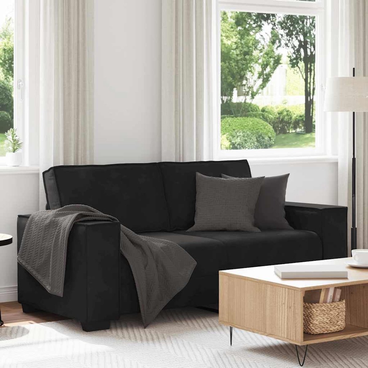 2-zitsbank, zwart, 180 x 78 x 84 cm, fluwelen gestoffeerde bank, salontafel, woonkamer, loungesofa met brede armleuningen en robuust houten metalen frame