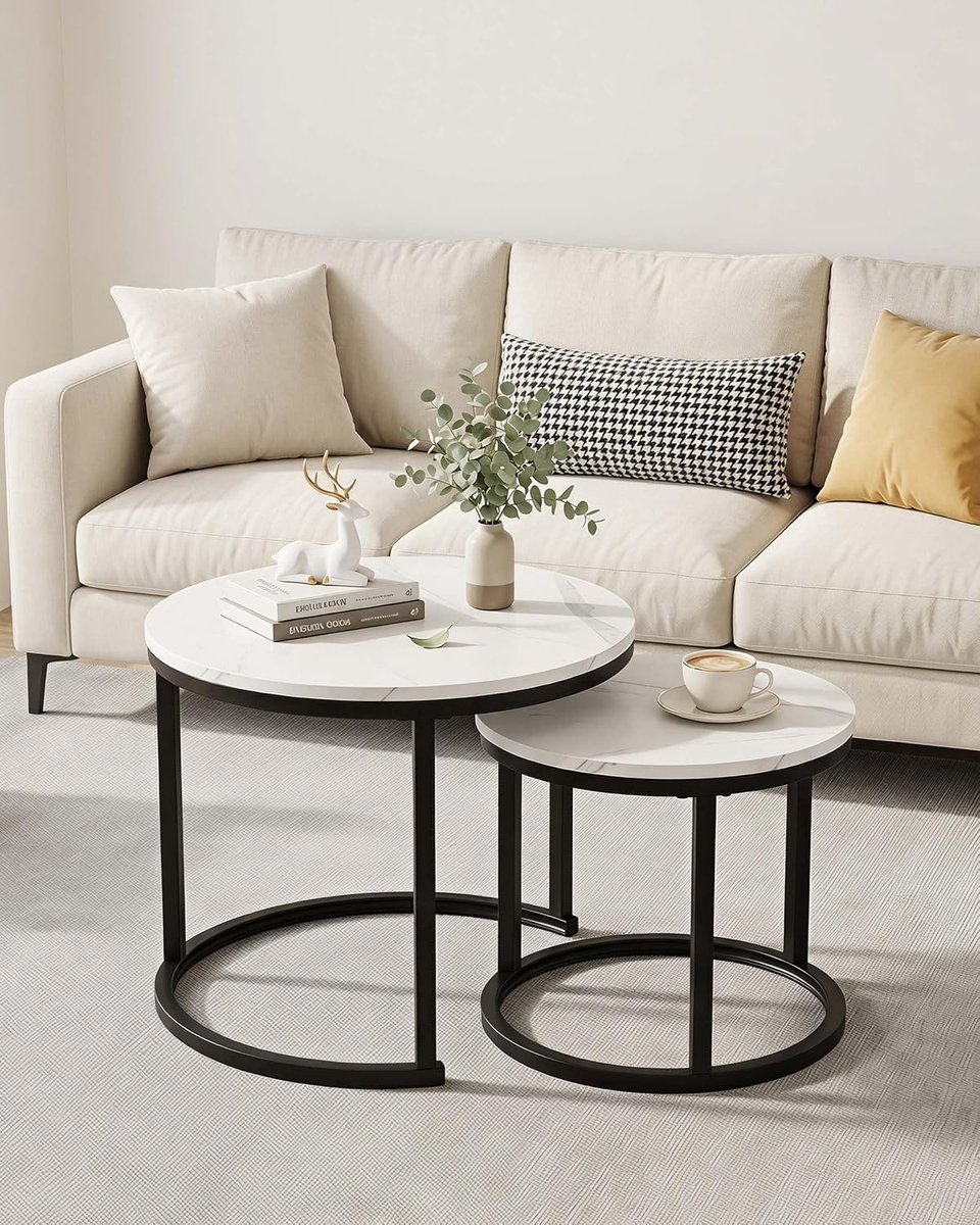 Set van 2 Ronde Marmeren Bijzettafels Salontafels met Metalen Frame