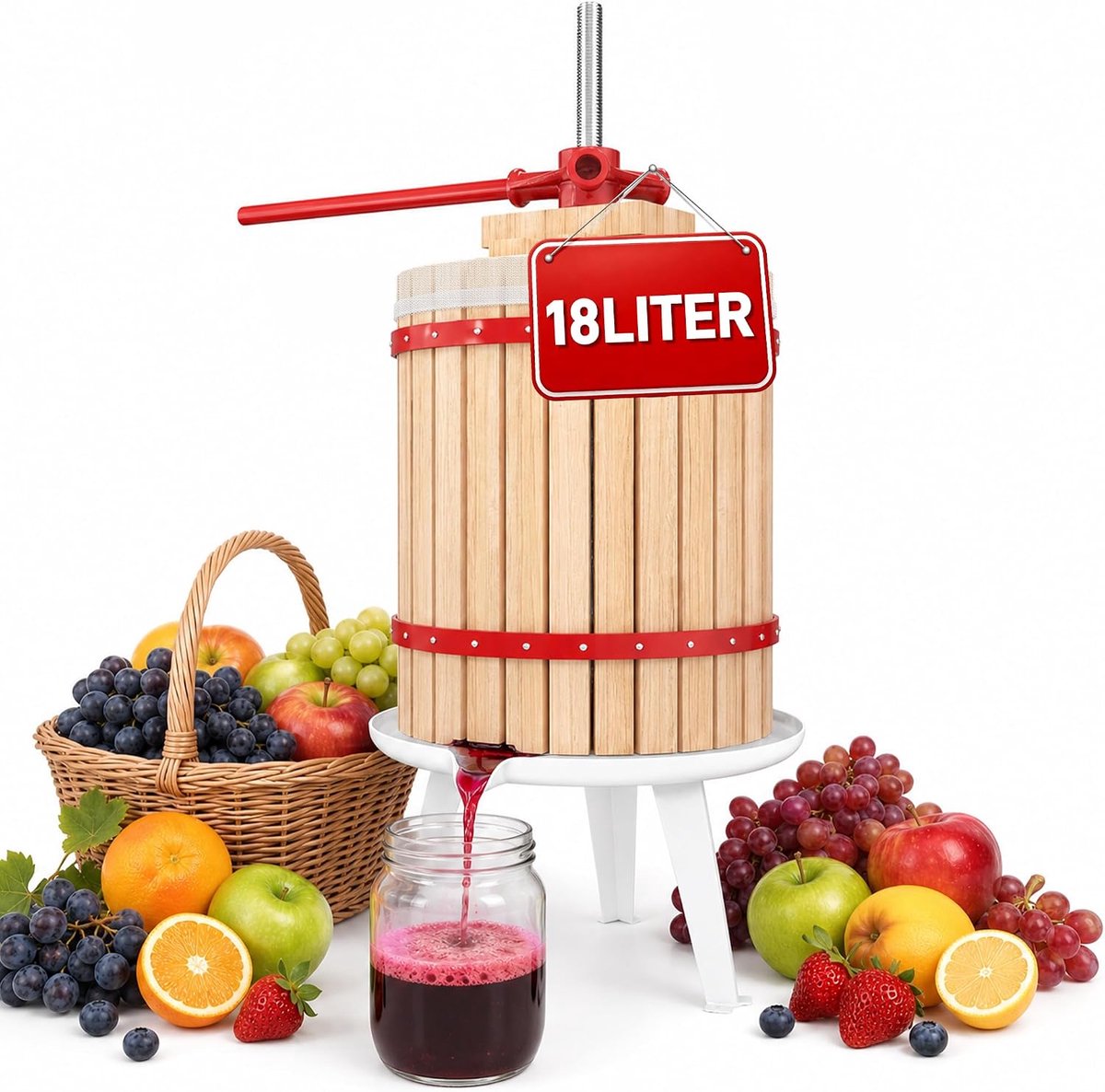 18L Sappers Eiken Fruitpers Mobiele Handpersen Pureerpers met Handzwengel & Persnet Wijnpersgereedschap Set Snijpersen Appelpers Wijnpersen voor Fruitwijnen Vruchtensappen Appelsap