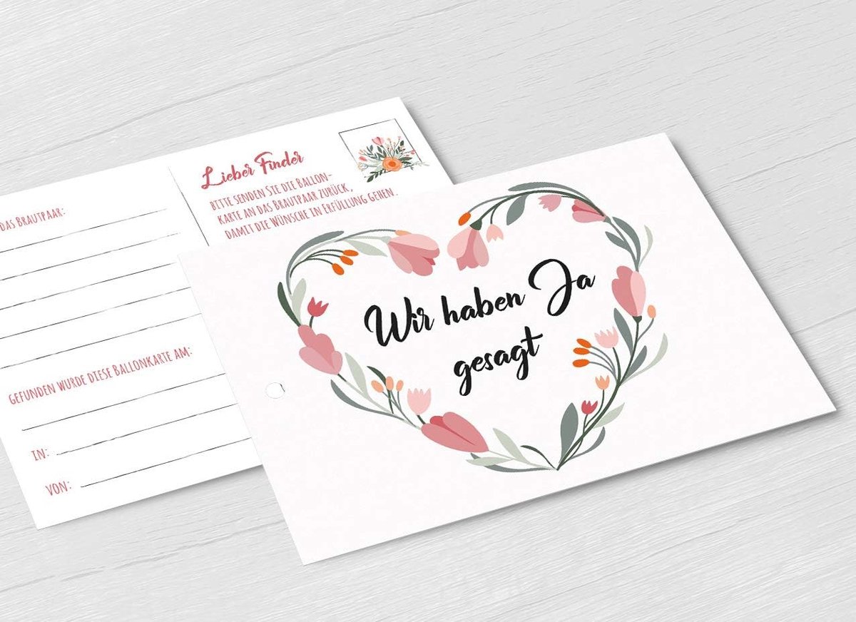 Ballonvluchtkaarten voor bruiloft - 50 stuks - geperforeerd, mooie lichte ballonkaarten - motief hart bloemen - voor een brede vlucht in briefkaartformaat voor ballonnen en hartballonnen