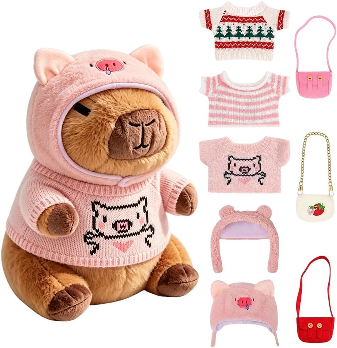 25,9 cm groot bruin Capybara pluche dier met 9 outfits en accessoires - superzacht Capybara pluche dier, schattig knuffeldier, voor meisjes en jongens