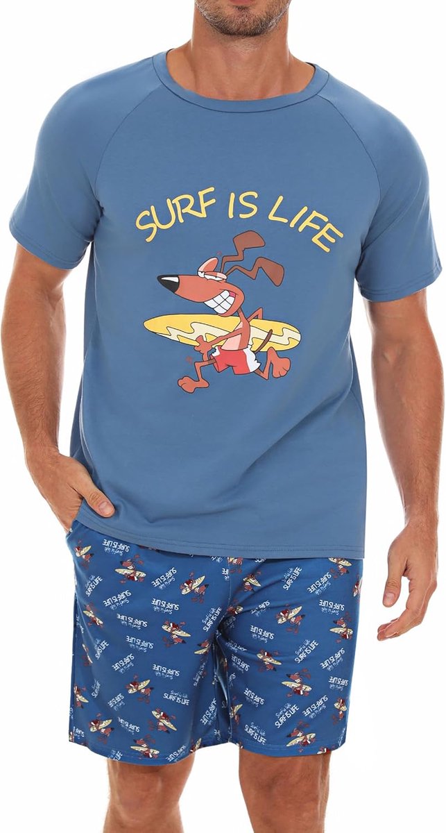 Pyjama heren katoen lichte pyjama heren met print korte pyjama heren met korte mouwen pyjama heren zomer tweedelige pyjama met trekkoord en broekzakken