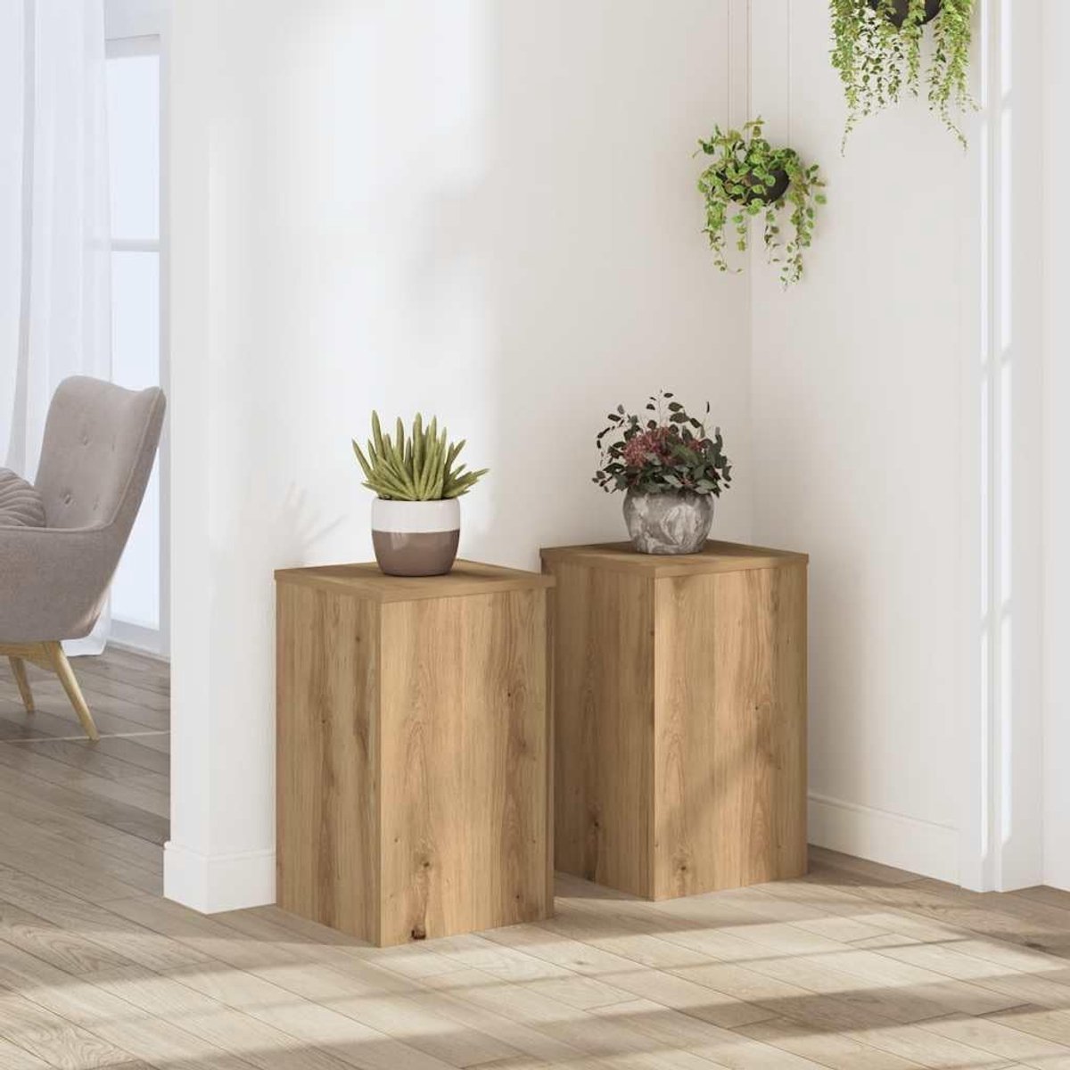Set van 2 van houtmateriaal in Artisan eiken, 30 x 30 x 50 cm, met stabiele bovenplaat en holle constructie voor extra stabiliteit door zandvulling, tijdloos