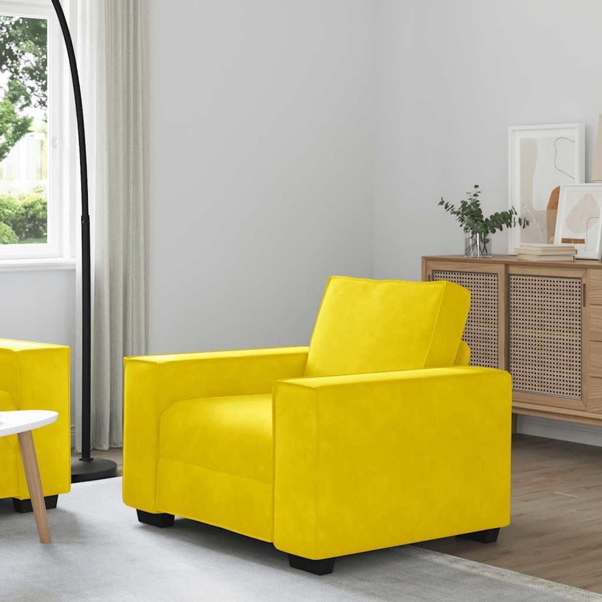 Geel 60 cm fluwelen stof gestoffeerde stoel met brede armleuningen en robuust houten metalen frame voor woonkamer kantoor gezellig ontspanning lezen televisie kijken