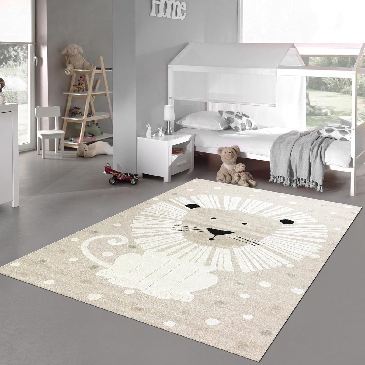 Vloerkleed kinderkamer kindertapijt licht hoogteeffect leeuwenpatroon beige crème, 120 x 170 cm