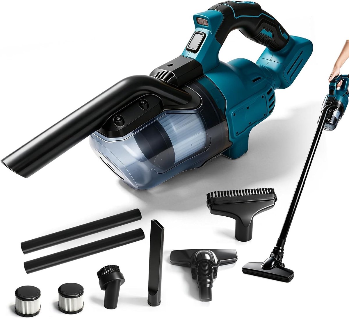 Compatibel met Makita 18 V, 16000 Pa, met 4 sproeiers en 0,75 liter stofreservoir voor harde vloeren, tapijten, dierenharen en auto's.