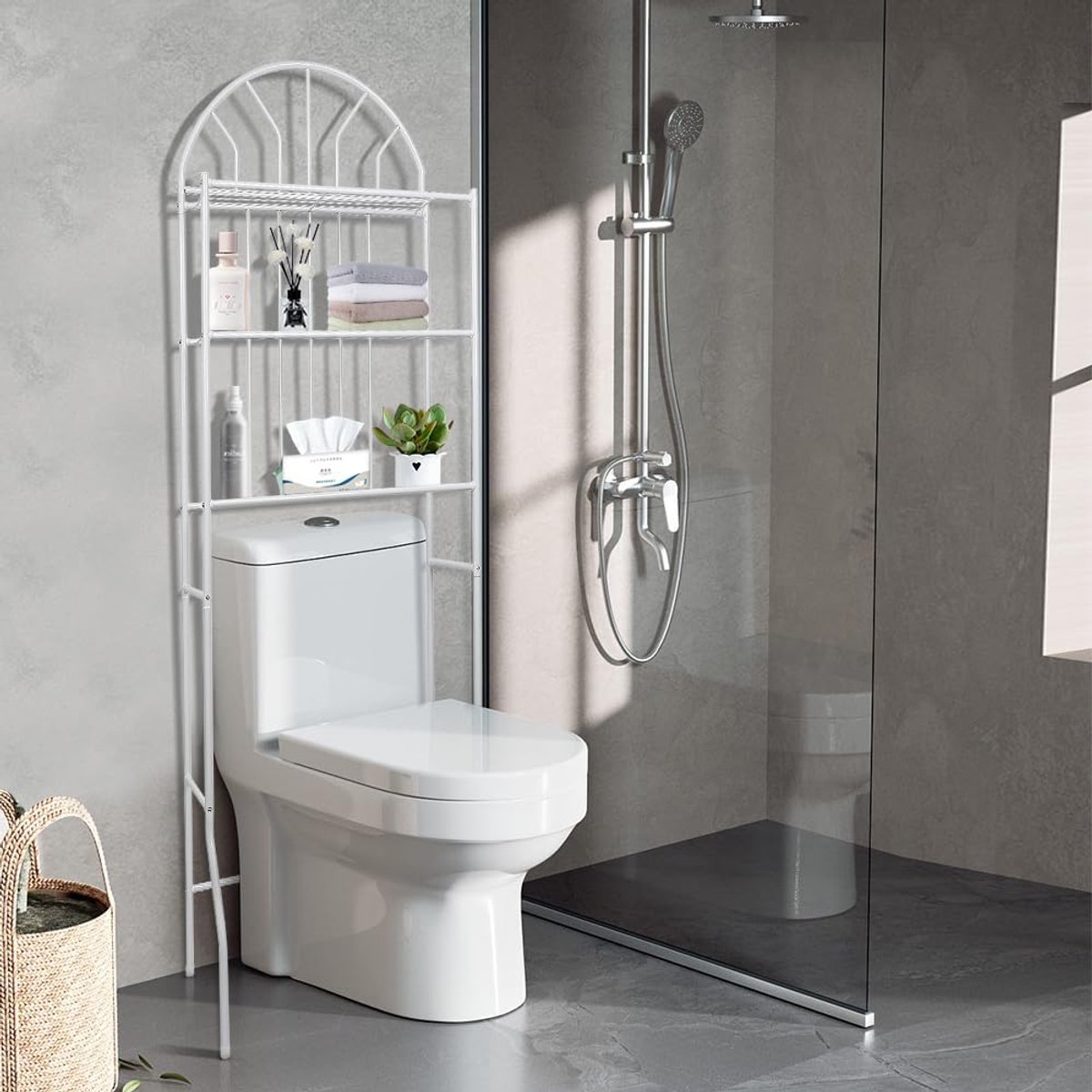 WC-meubel, badkamermeubel met 3 niveaus, vrijstaand wc-rek van metaal, opslag boven het toilet, geschikt voor de meeste toiletten (65 x 34 x 177 cm, wit-B)