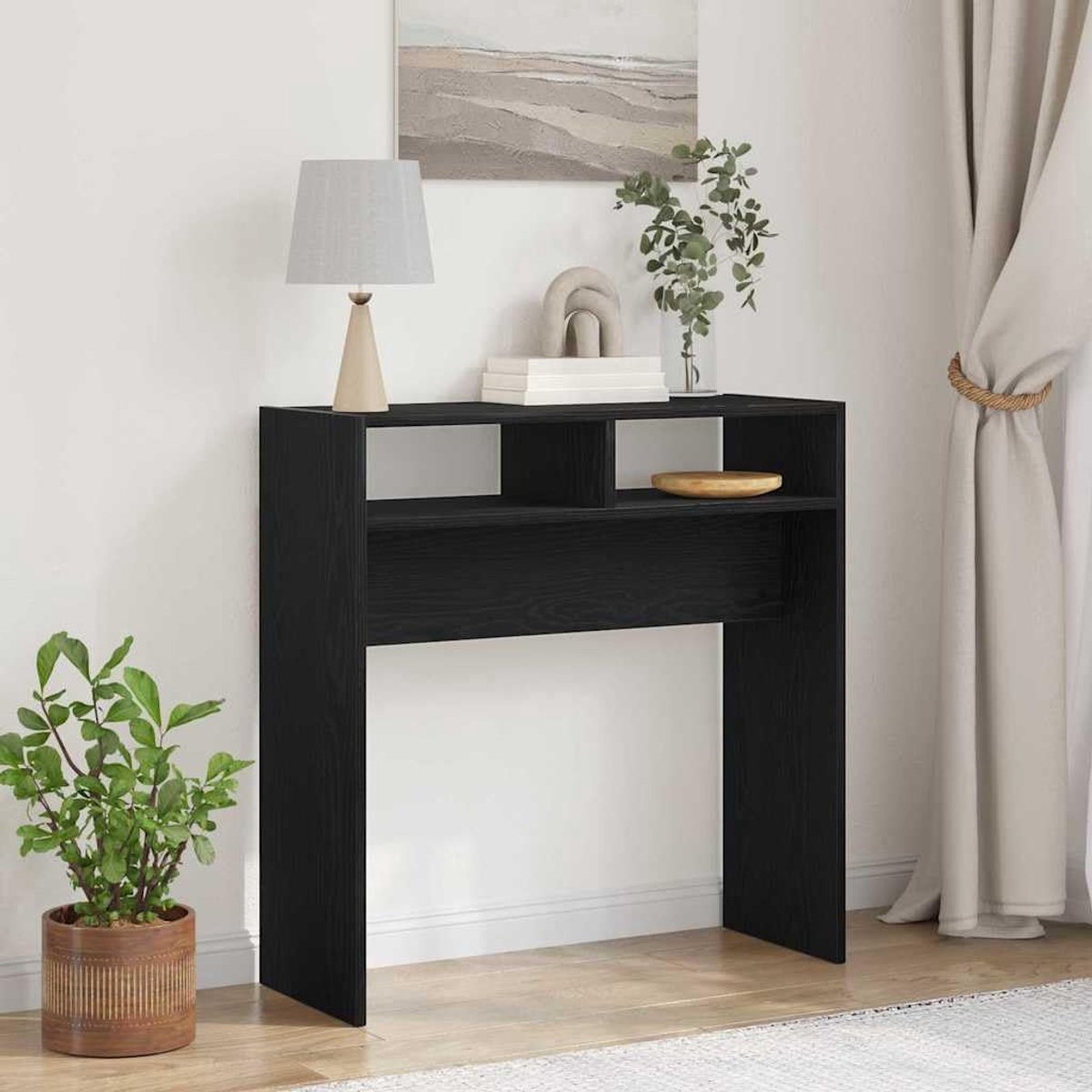 Consoletafel, zwart, eikenlook, 78 x 30 x 80 cm, smalle consoletafel van houtmateriaal voor woonkamer, hal of entree, met minimalistisch design
