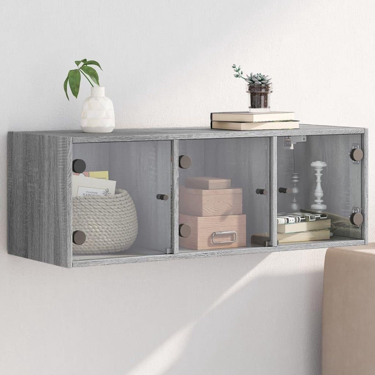 Wandkast met glazen deuren 102x37x35 cm grijs sonoma eiken zwevend design hangkast voor woonkamer slaapkamer werkplek opbergkast met planken glazen deurtjes voor boeken decoratie